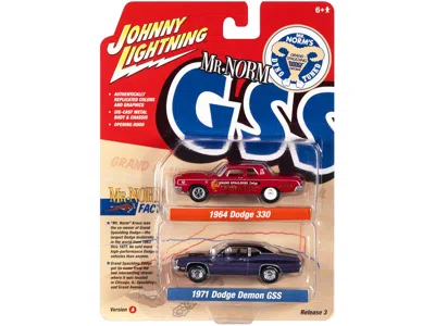 Diecast Model Johnny Lightning 1964 Dodge 330 "mr. Norm - Grand Spaulding Dodge" Red And 1971 Dodge Demon Gss Plum Crazy With Black In Multi