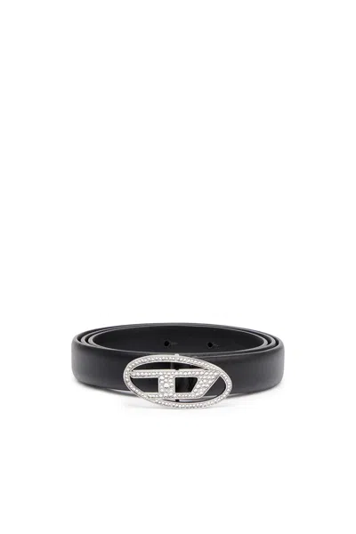 DIESEL SLIM LEATHER BELT WITH CRYSTAL BUCKLE