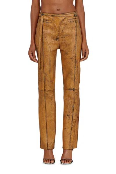 Diesel L-croc Leather Trousers In Brown