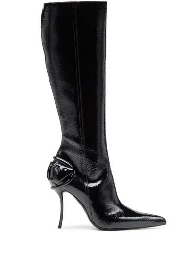 Diesel D-ten & Half-glossy Knee-high Boots With Curved Heel In Black
