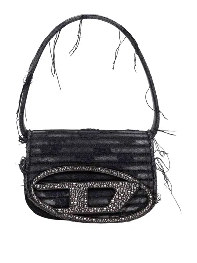 Diesel 1dr Black Shoulder Bag With Oval D Plaque With Rhinestones And Fringed Edges In Cotton And Leather B