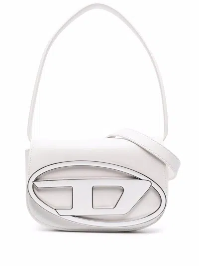 Diesel Structured White Handbag With Metallic Logo Accent In Gold