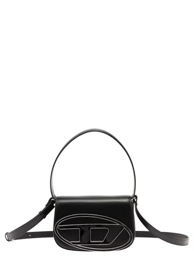 Diesel 1dr Black Shoulder Bag With Oval D Patch In Leather Woman