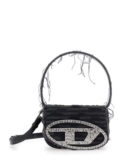 Diesel '1dr' Black Shoulder Bag With Oval D Plaque With Rhinestones And Fringed Edges In Cotton And Leather