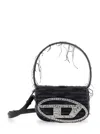 Diesel 1dr Black Shoulder Bag With Oval D Plaque With Rhinestones And Fringed Edges In Cotton And Leather B In Black