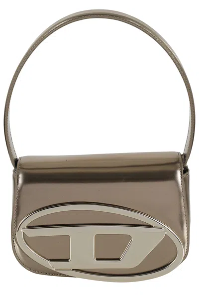 Diesel 1dr Metallic Shoulder Bag With Logo Plate In Patent Leather Woman In Grey