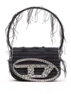 Diesel 1dr Black Shoulder Bag With Oval D Plaque With Rhinestones And Fringed Edges In Cotton And Leather B