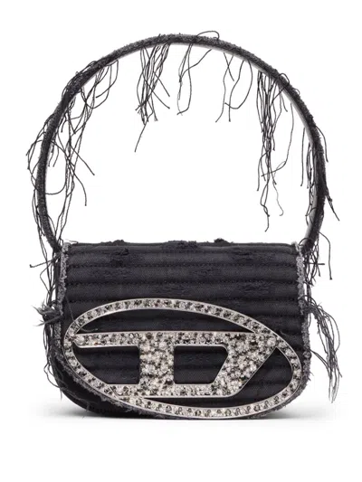 Diesel 1dr Black Shoulder Bag With Oval D Plaque With Rhinestones And Fringed Edges In Cotton And Leather B