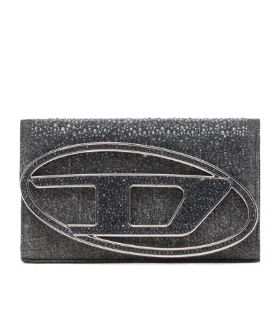 Diesel 1dr  Crystal Embellished Denim Wallet In Beige