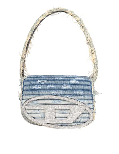 Diesel 1dr Denim Canvas Shoulder Bag With Crystal Appliques In Blue