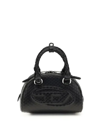 Diesel 1dr Dome-mini Bowling Bag In Snake-effect Leather In Black