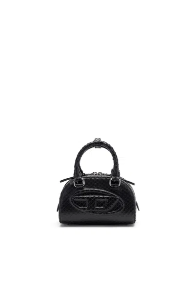 Diesel 1dr Dome-mini Bowling Bag In Snake-effect Leather In Black