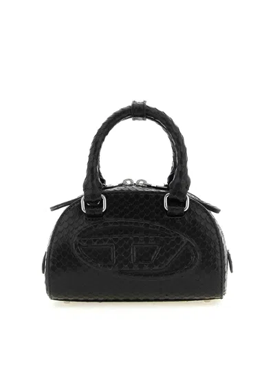 Diesel 1dr Dome-mini Bowling Bag In Snake-effect Leather In Black