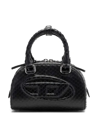 Diesel 1dr Dome-mini Bowling Bag In Snake-effect Leather In Black