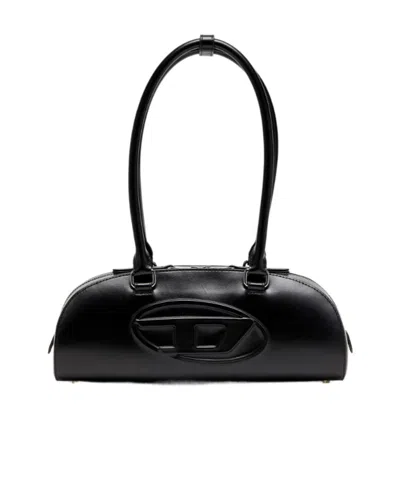 Diesel Elongated Bowling Dome Shoulder Bag In Smooth Black Leather
