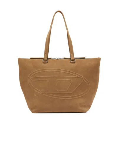 Diesel 1dr Dome-suede Tote With Oval D Logo In Camel