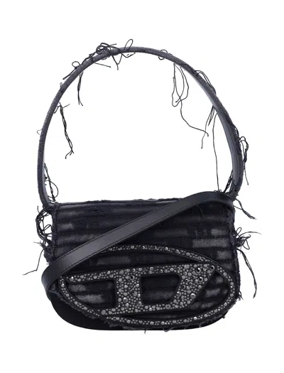 Diesel 1dr Black Shoulder Bag With Oval D Plaque With Rhinestones And Fringed Edges In Cotton And Leather B