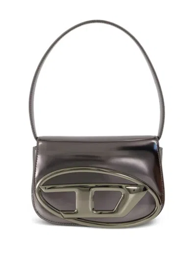 Diesel 1dr Silver-tone Shoulder Bag With Oval D Patch In Lamintaed Leather Woman In Gray