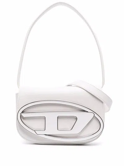 Diesel Structured White Handbag With Metallic Logo Accent In Gold