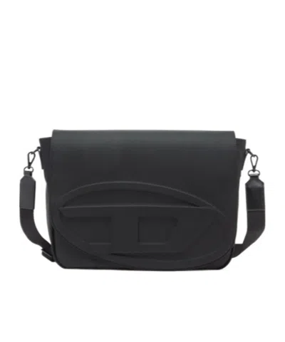 Diesel 1dr Messenger Embossed Flap Bag In Black