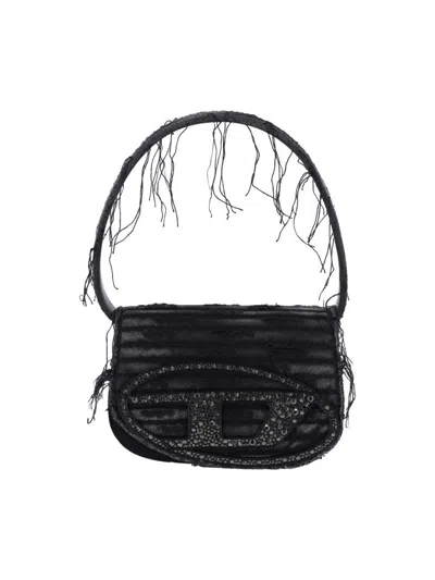 Diesel 1dr Black Shoulder Bag With Oval D Plaque With Rhinestones And Fringed Edges In Cotton And Leather B