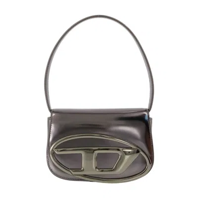Diesel 1dr Silver-tone Shoulder Bag With Oval D Patch In Lamintaed Leather Woman In Gray