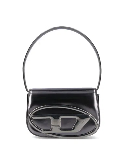 Diesel 1dr Silver-tone Shoulder Bag With Oval D Patch In Lamintaed Leather Woman In Gray