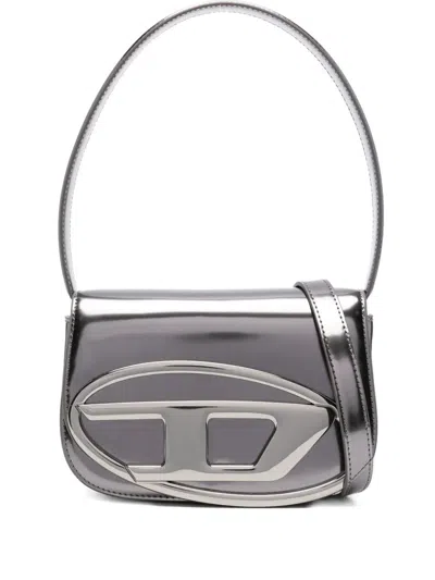 Diesel 1dr Silver-tone Shoulder Bag With Oval D Patch In Lamintaed Leather Woman In Gray
