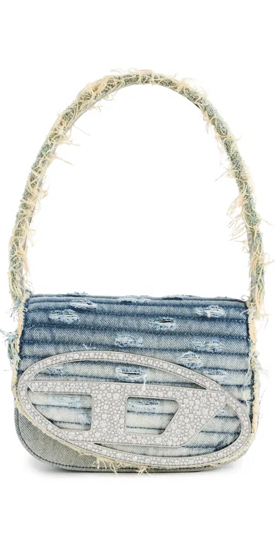 Diesel Structured Blue Denim Shoulder Bag With Rhinestone Logo