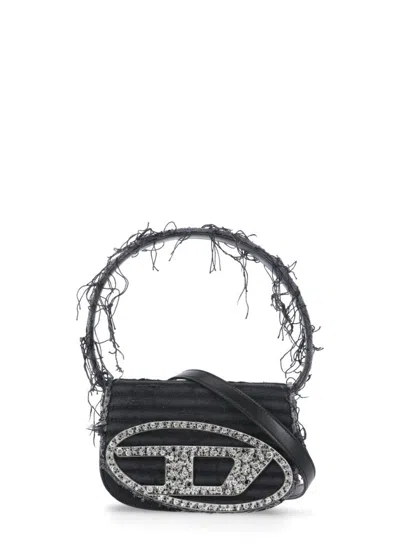 Diesel 1dr Black Shoulder Bag With Oval D Plaque With Rhinestones And Fringed Edges In Cotton And Leather B