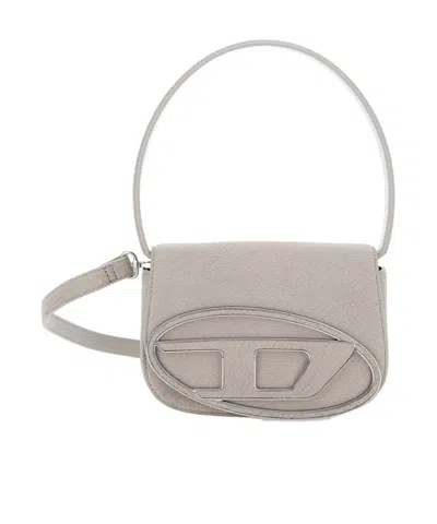Diesel '1dr' White Shoulder Bag With Oval D Logo Patch On The Front And Cracked Effect