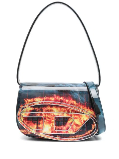 Diesel 1dr Shoulder Bag With Fire Print In Blue