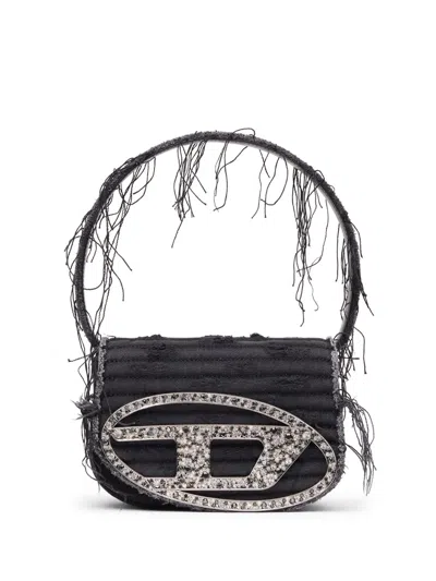 Diesel 1dr Black Shoulder Bag With Oval D Plaque With Rhinestones And Fringed Edges In Cotton And Leather B