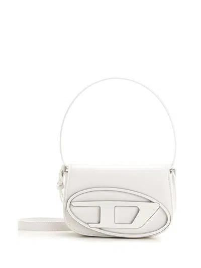Diesel Structured White Handbag With Metallic Logo Accent In Gold