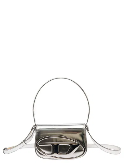 Diesel 1dr Silver-tone Shoulder Bag With Oval D Patch In Lamintaed Leather Woman In White
