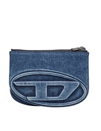 Diesel 1dr Twin Denim Shoulder Bag With Embossed Logo In Blue