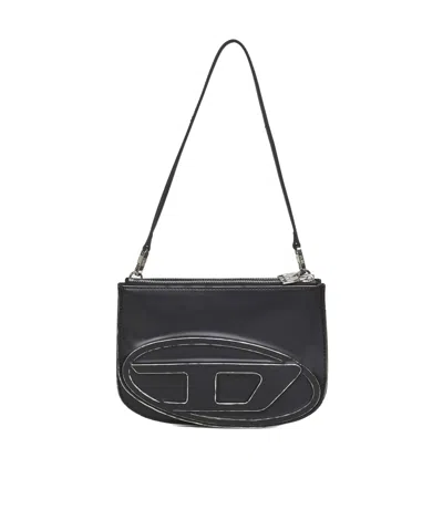 Diesel Twin-double-pouch Embossed-leather Shoulder Bag In Black