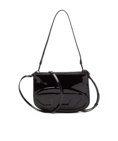 Diesel Twin-double-pouch Embossed-leather Shoulder Bag In Black