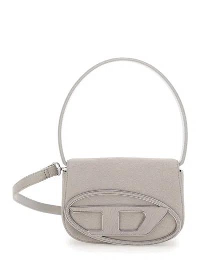 Diesel '1dr' White Shoulder Bag With Oval D Logo Patch On The Front And Cracked Effect