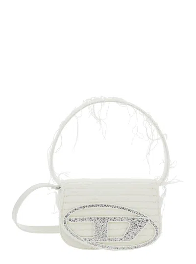 Diesel '1dr' White Shoulder Bag With Oval D Logo Plaque On The Front In Cotton And Leather Blend Woman