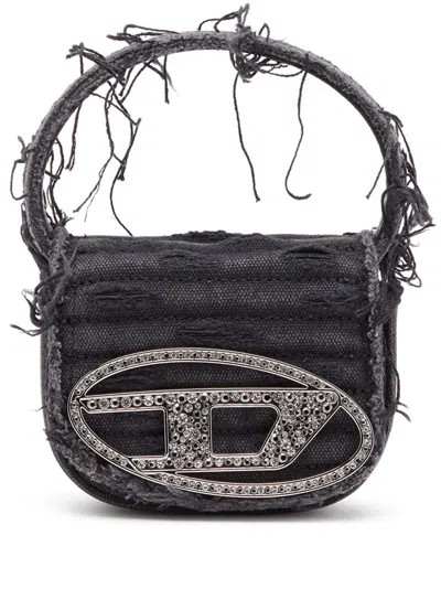 Diesel 1dr Black Shoulder Bag With Oval D Plaque With Rhinestones And Fringed Edges In Cotton And Leather B