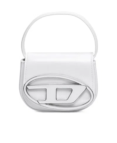 Diesel 1dr White Shoulder Bag With Oval D Patch In Leather Woman