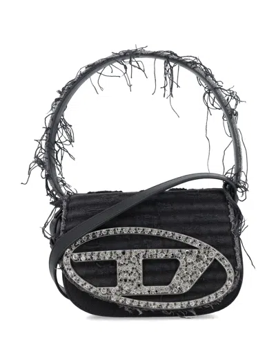 Diesel 1dr-iconic Shoulder Bag In Canvas And Leather In Nero