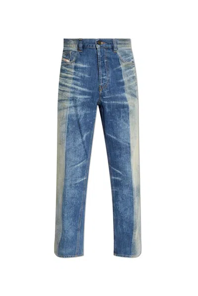 Diesel Straight Trousers With Belt Loops And Contrast Panels In Blue