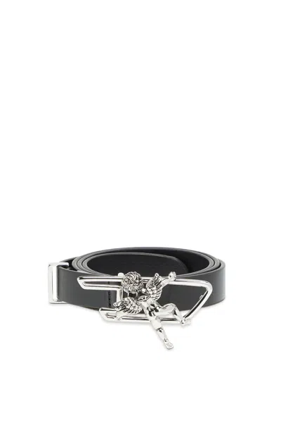 Diesel 2cm Leather Belt With Cherub D Outline Buckle In Black