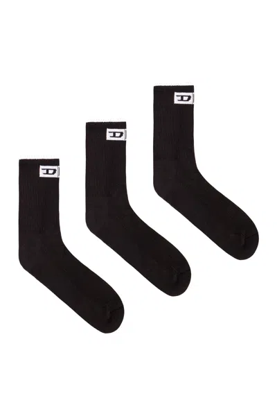 Diesel 3-pack Ribbed Socks With Front Logo In Black