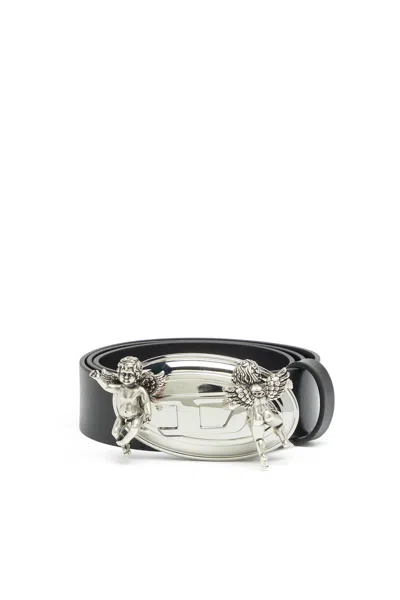 Diesel 3.5cm Leather Belt With Cherub Oval D Buckle In Silver