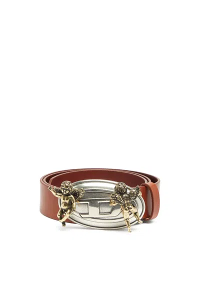 Diesel 3.5cm Leather Belt With Cherub Oval D Buckle In Brown
