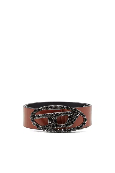 Diesel 4 Cm Pull-up Leather Belt With Jewel Buckle In Brown