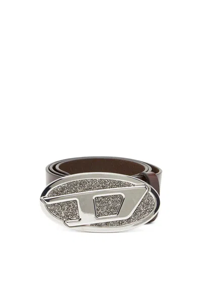 Diesel 4cm Leather Belt With Rhinestone Oval D Buckle
